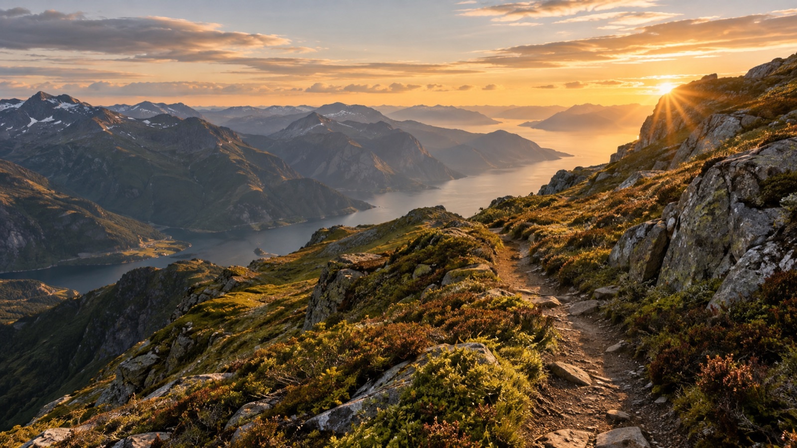 A mountain trail above a fjord in warm evening light